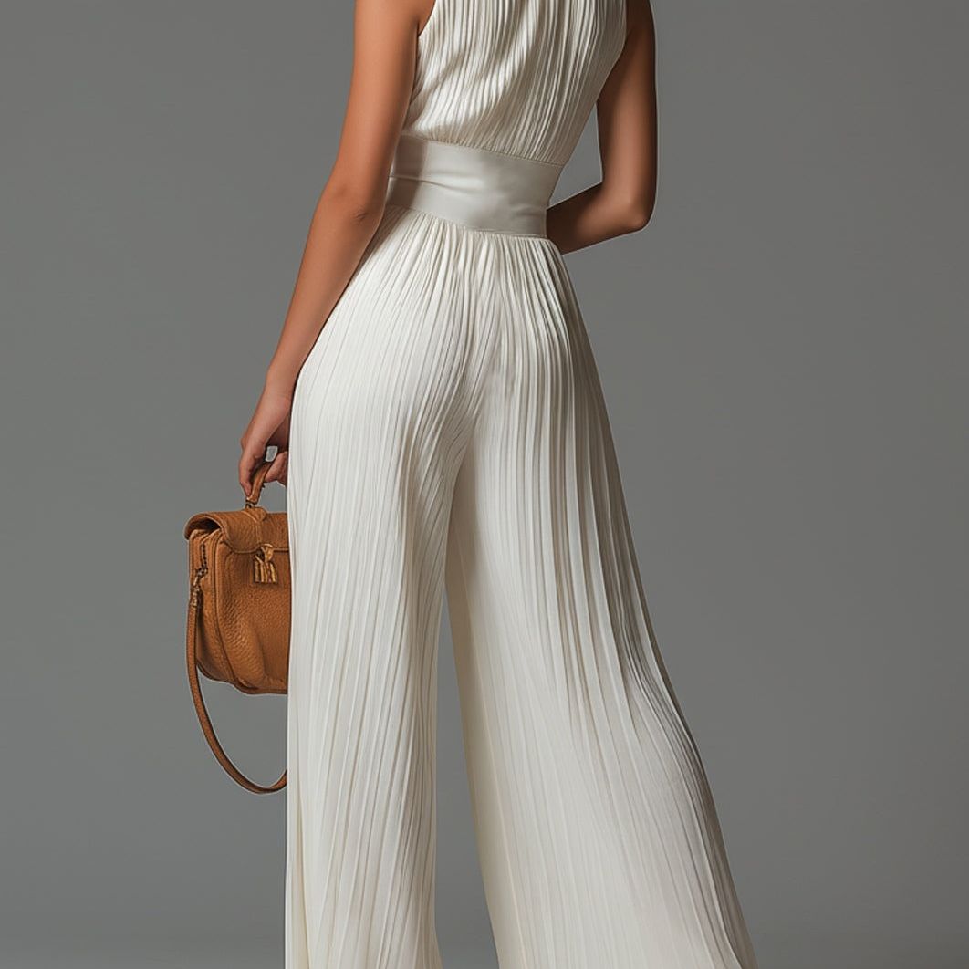 White V-neck Sleeveless Zip-up Pleated Wide-leg Chiffon Jumpsuit