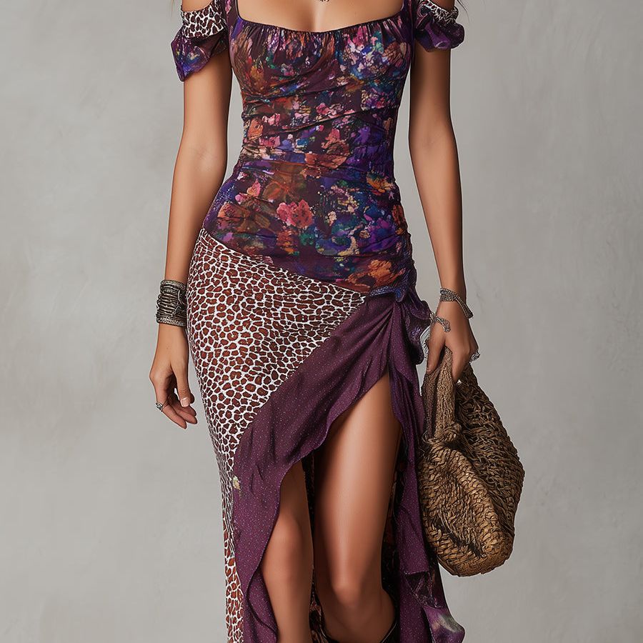 Purple Urban Nomadic Leopard Print Floral High-slit Maxi Dress