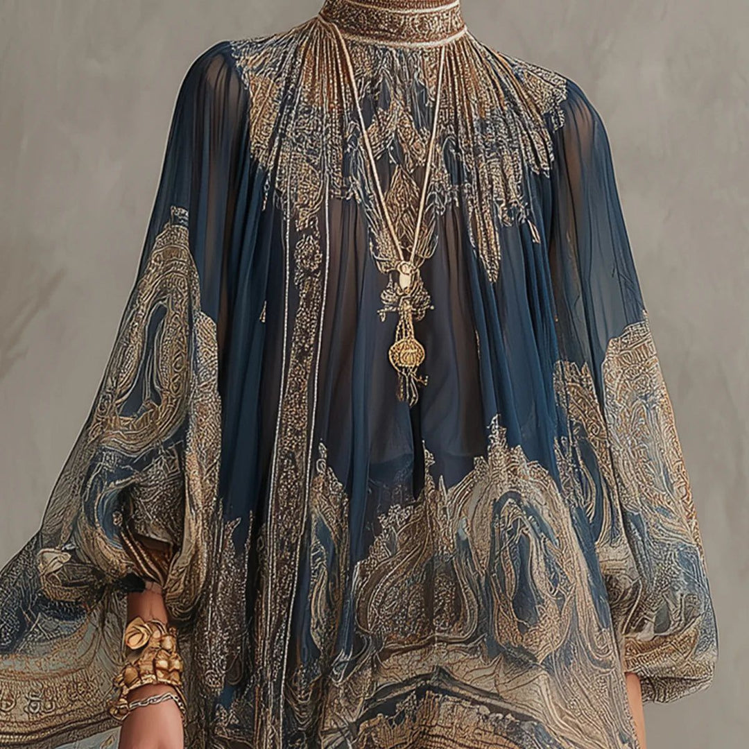 Navy Blue Baroque Print High-neck Irregular Chiffon Mini Dress