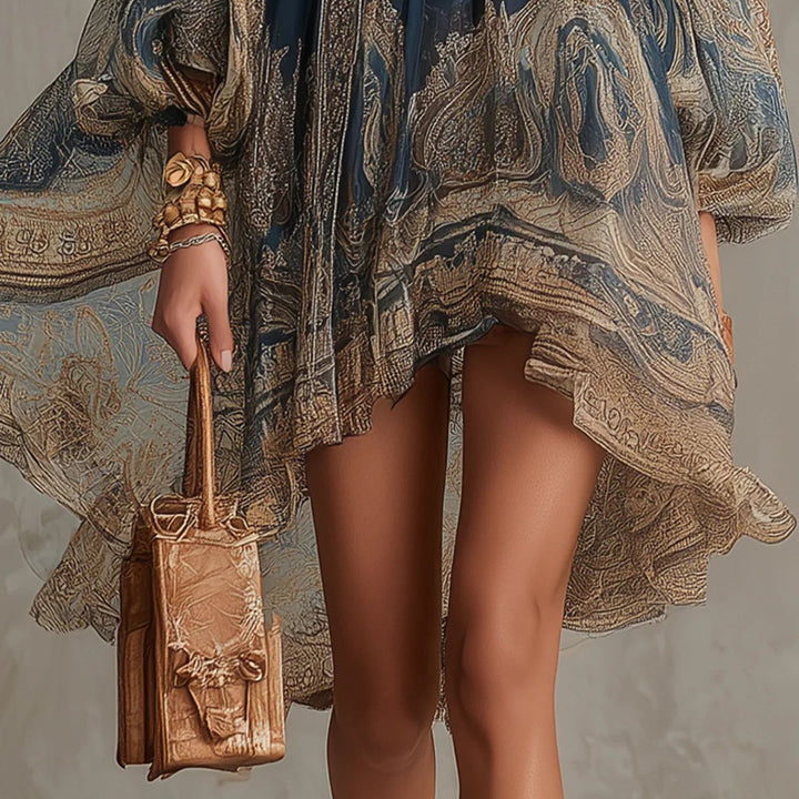Navy Blue Baroque Print High-neck Irregular Chiffon Mini Dress