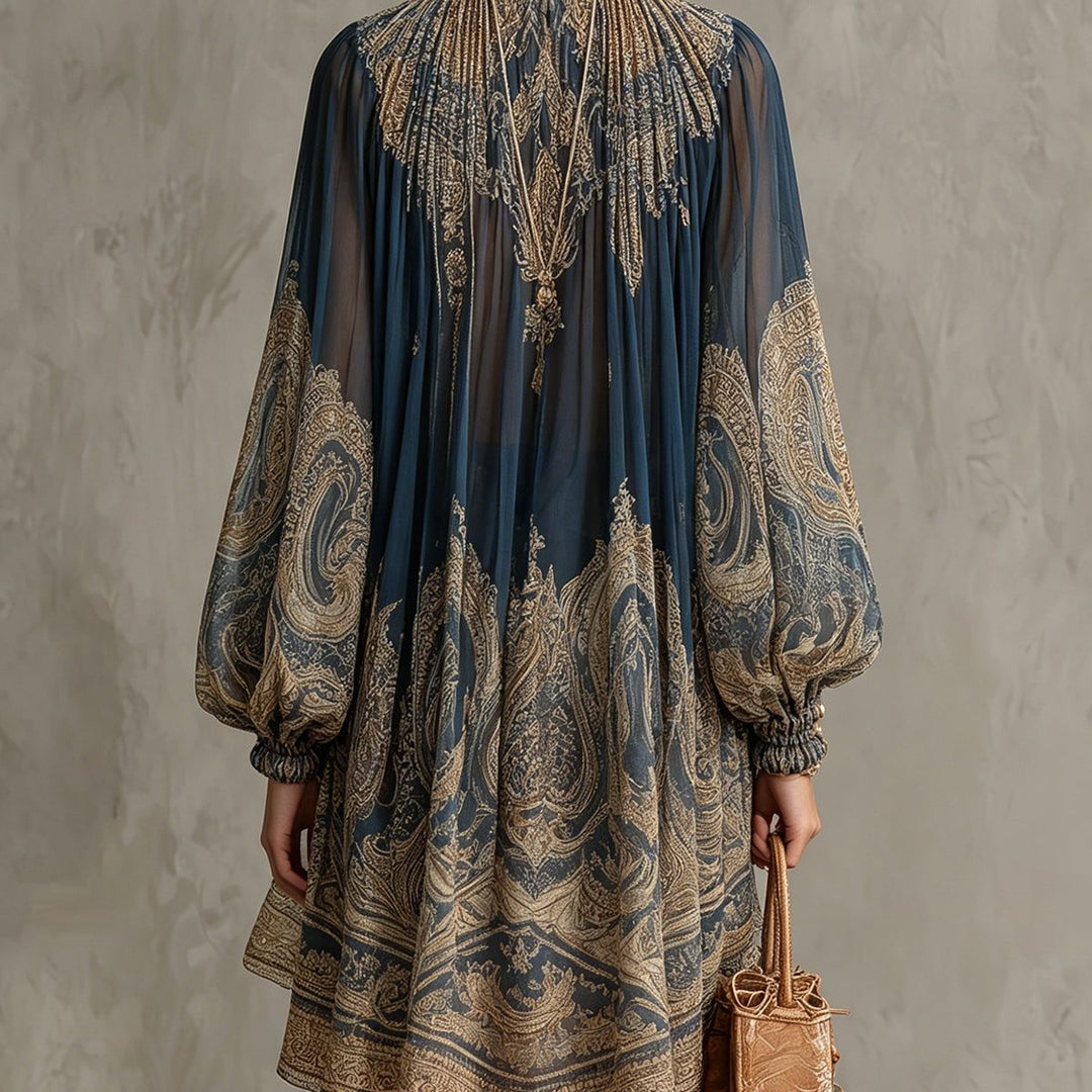 Navy Blue Baroque Print High-neck Irregular Chiffon Mini Dress