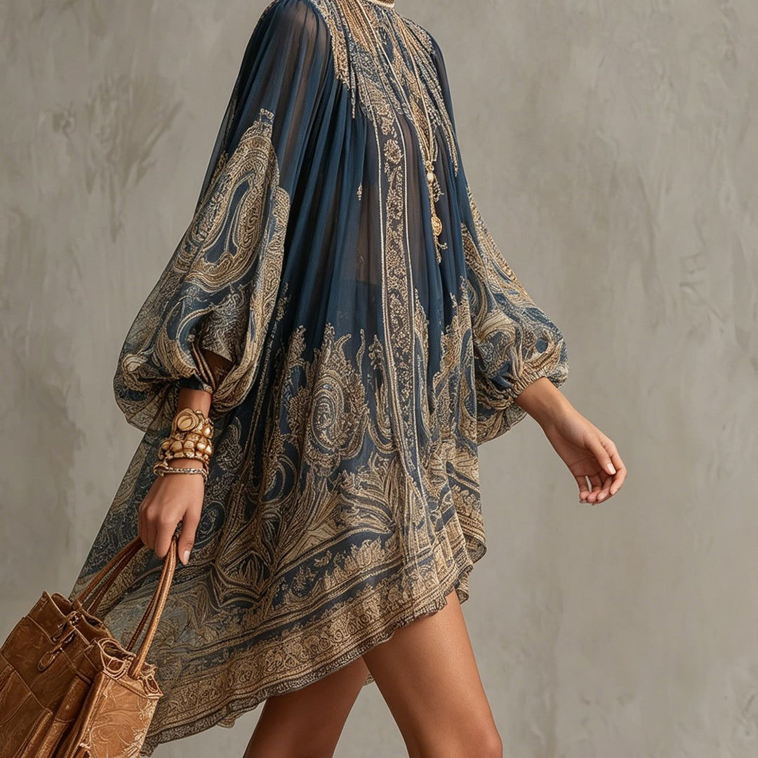 Navy Blue Baroque Print High-neck Irregular Chiffon Mini Dress