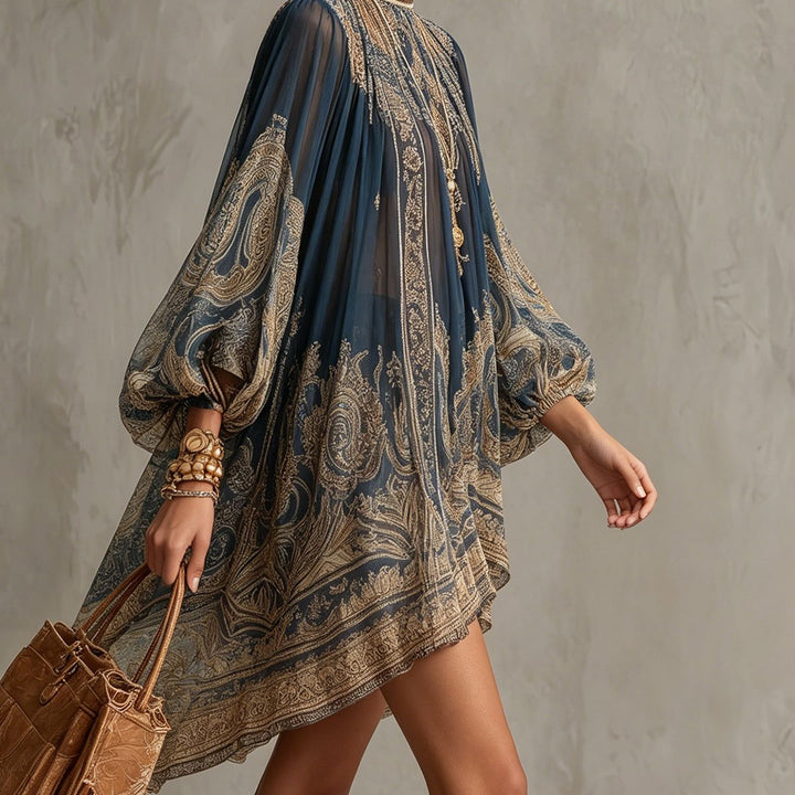 Navy Blue Baroque Print High-neck Irregular Chiffon Mini Dress
