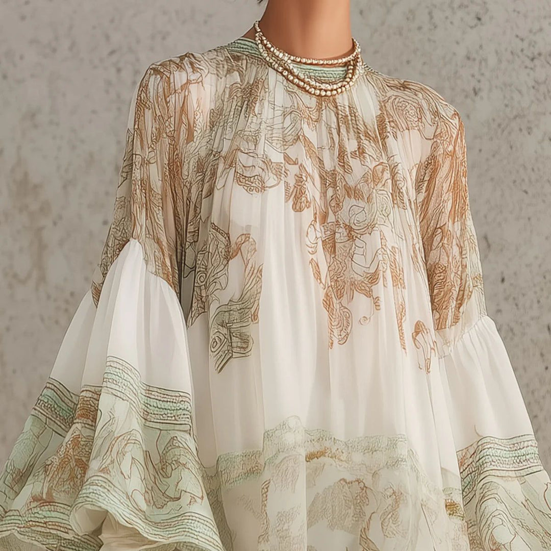 Green Print Ruffle Hem Flounce Sleeve Chiffon Mini Dress