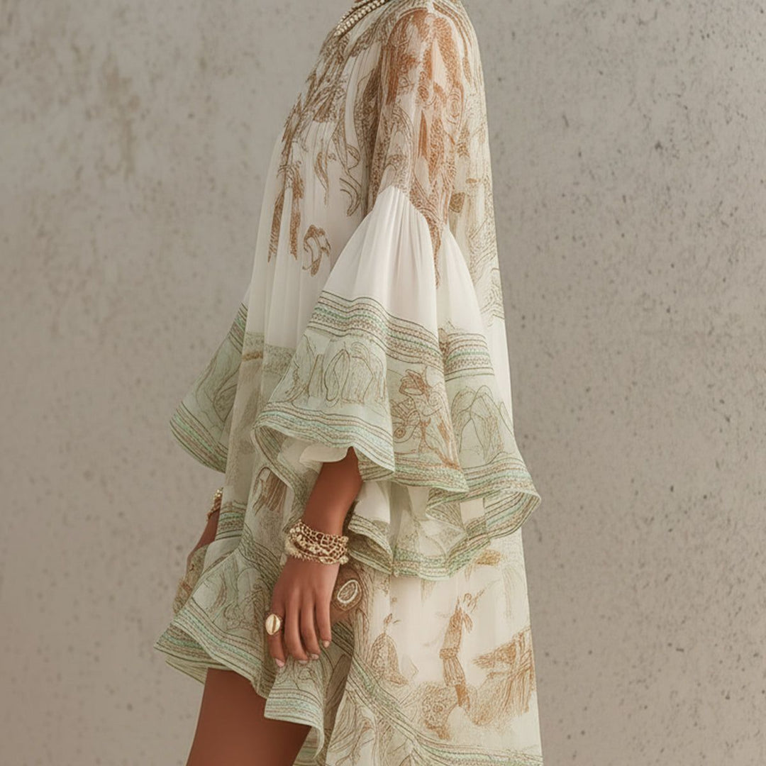 Green Print Ruffle Hem Flounce Sleeve Chiffon Mini Dress