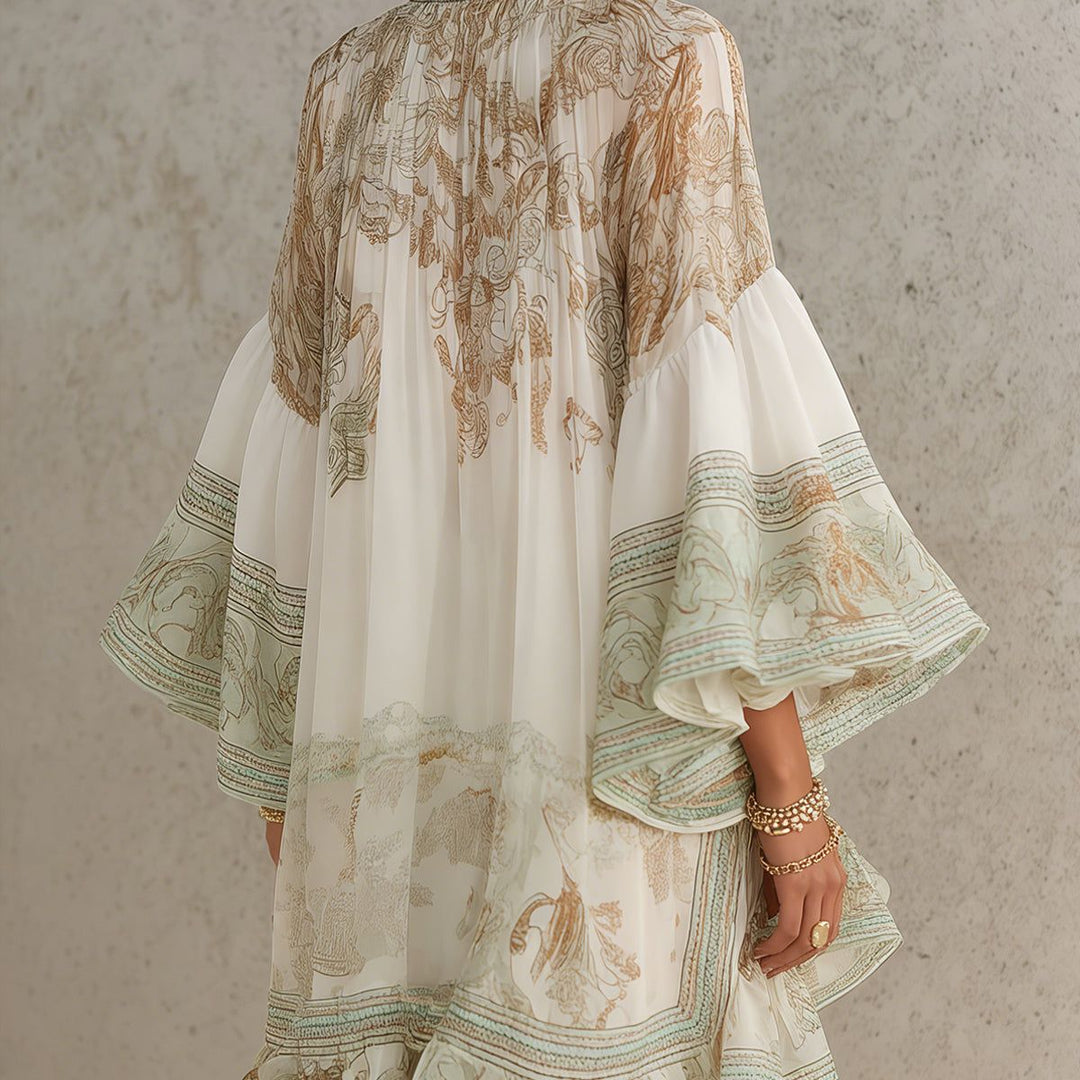 Green Print Ruffle Hem Flounce Sleeve Chiffon Mini Dress