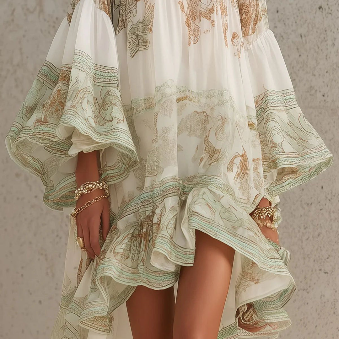 Green Print Ruffle Hem Flounce Sleeve Chiffon Mini Dress