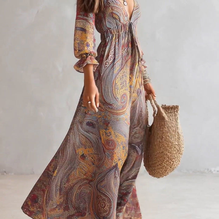 Paisley Print V-neck Gathered Chiffon Maxi Dress
