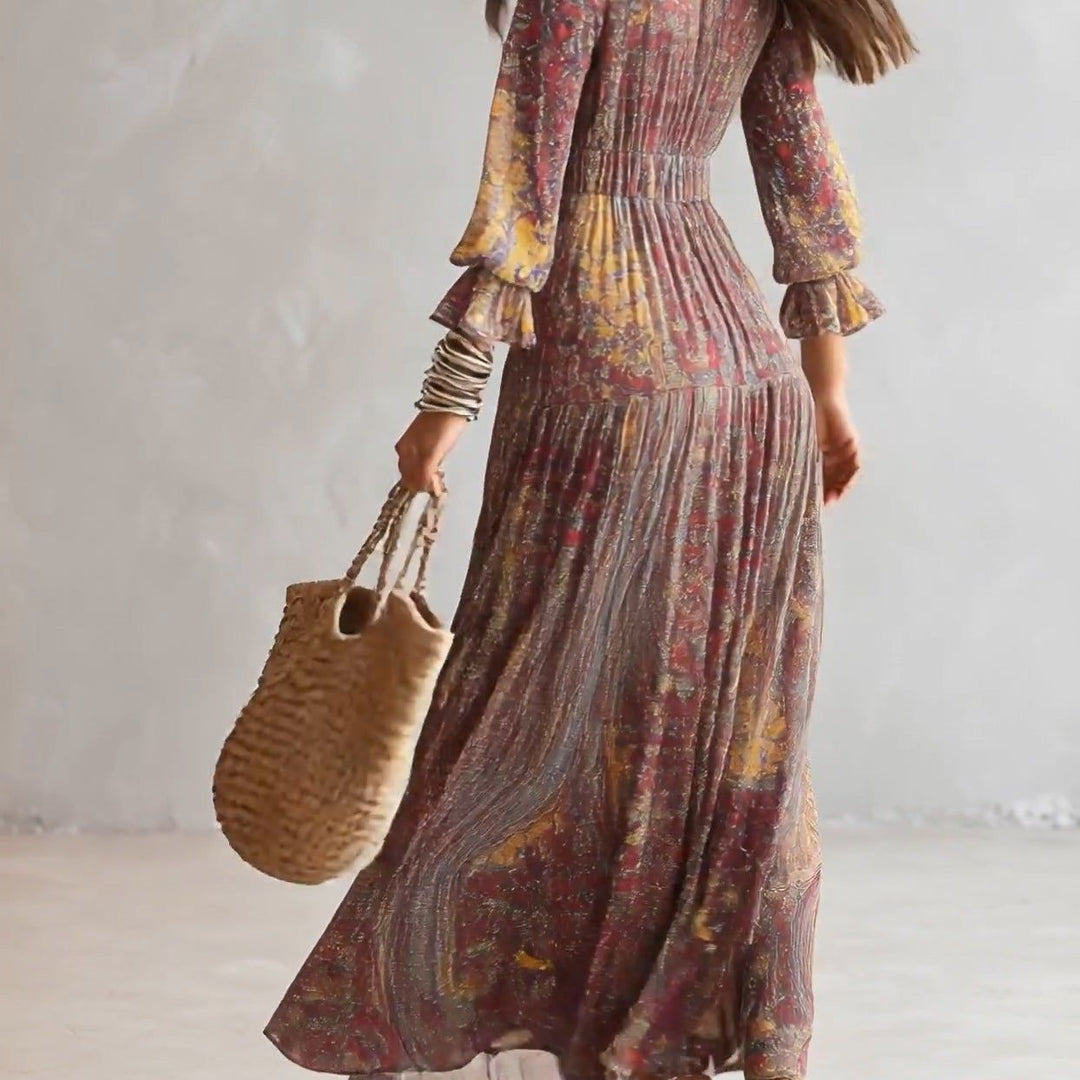 Paisley Print V-neck Gathered Chiffon Maxi Dress