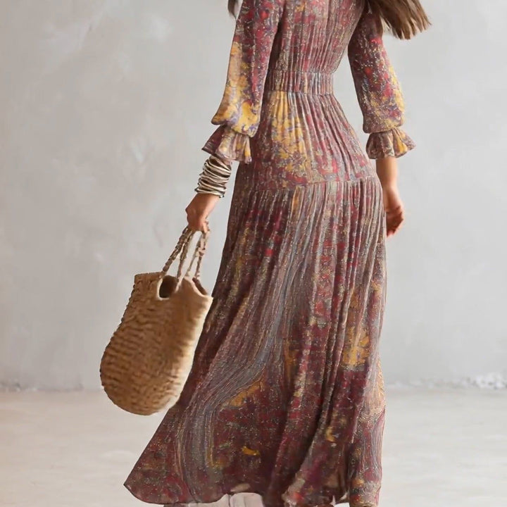 Paisley Print V-neck Gathered Chiffon Maxi Dress