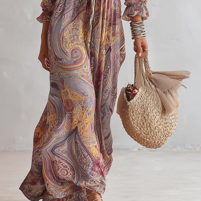 Paisley Print V-neck Gathered Chiffon Maxi Dress