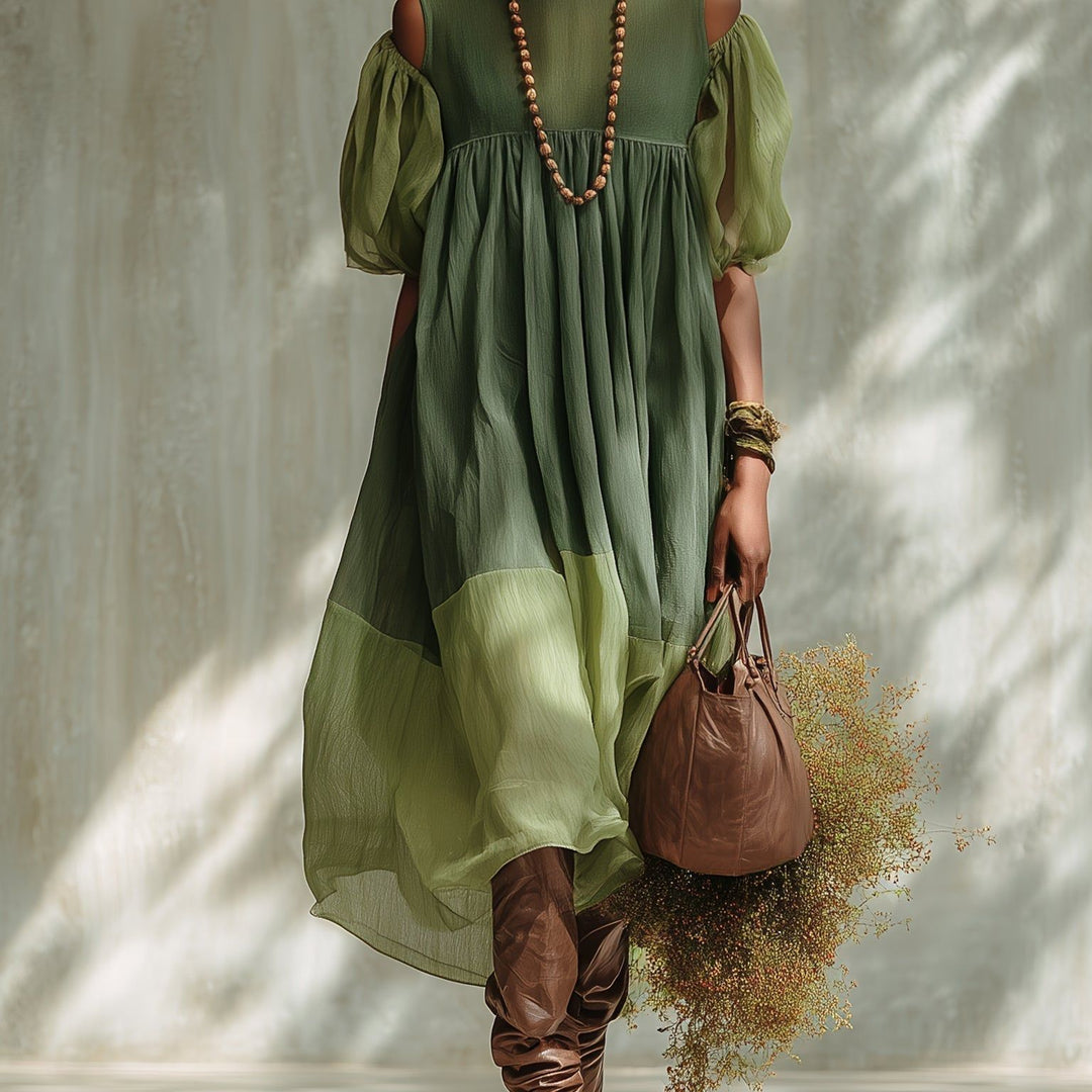 Green Chiffon Off Shoulder Short Sleeve Midi Dress