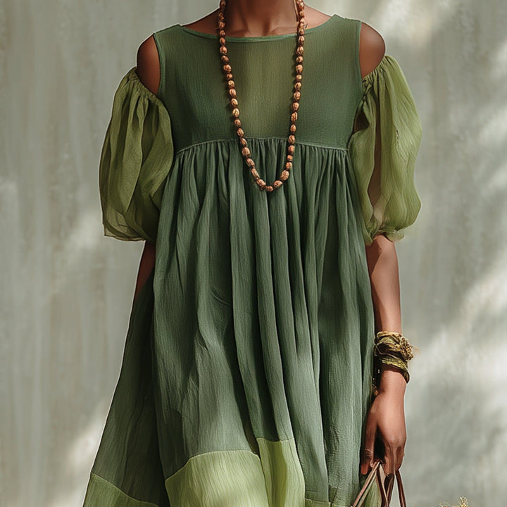 Green Chiffon Off Shoulder Short Sleeve Midi Dress
