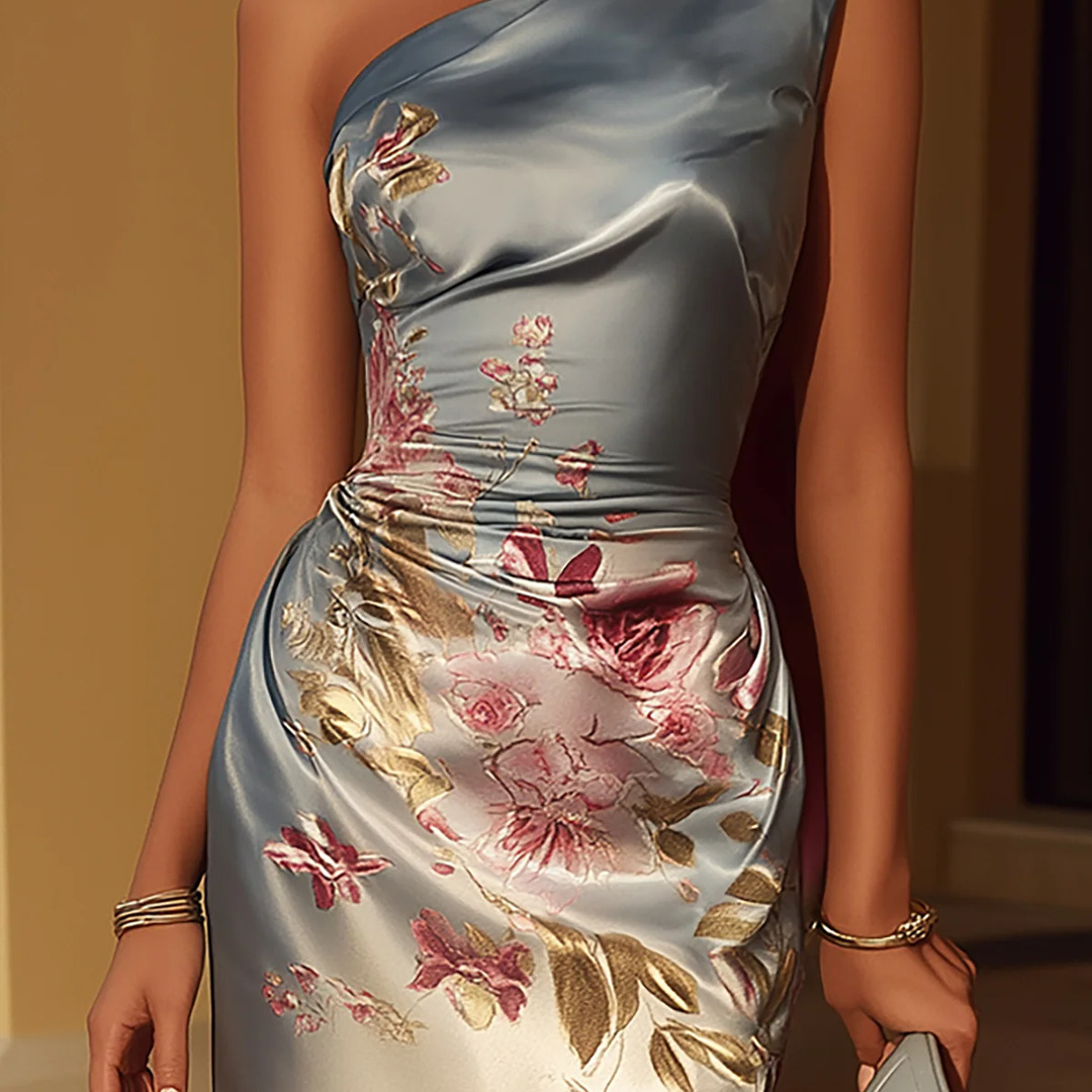 One-shoulder Satin Floral Print Midi Dress