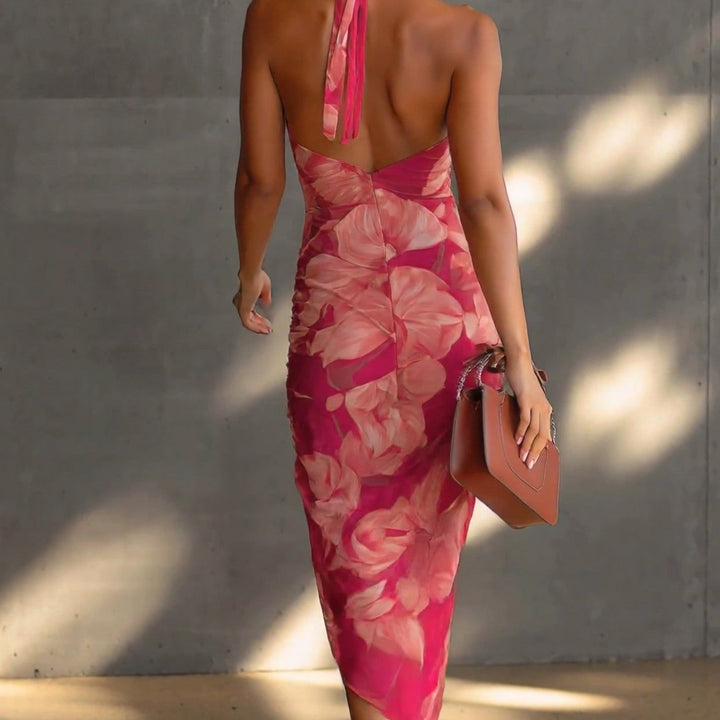 Fuchsia Floral Print Sleeveless Ruched Side Split Bodycon Dress