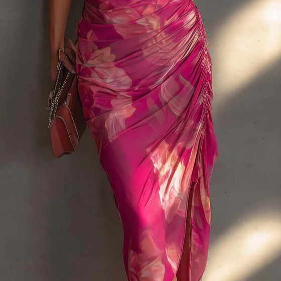 Fuchsia Floral Print Sleeveless Ruched Side Split Bodycon Dress