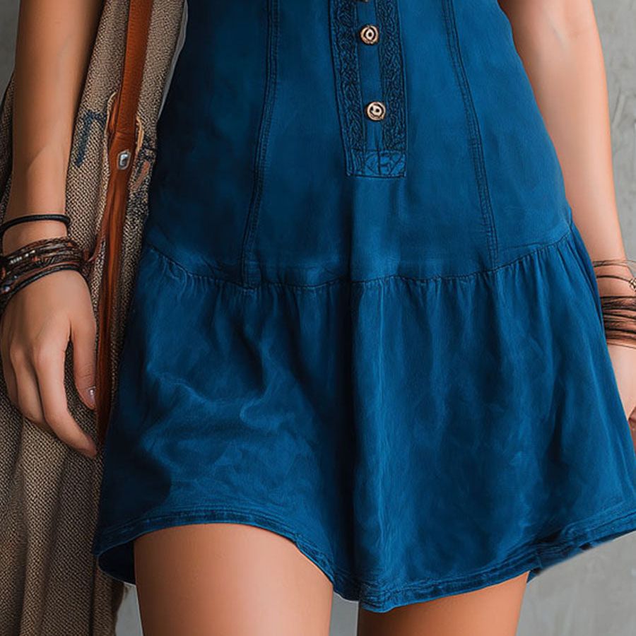 Bohemian Indigo V-Neck Button-Down Sleeveless Mini Dress