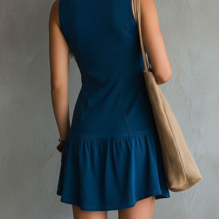 Bohemian Indigo V-Neck Button-Down Sleeveless Mini Dress
