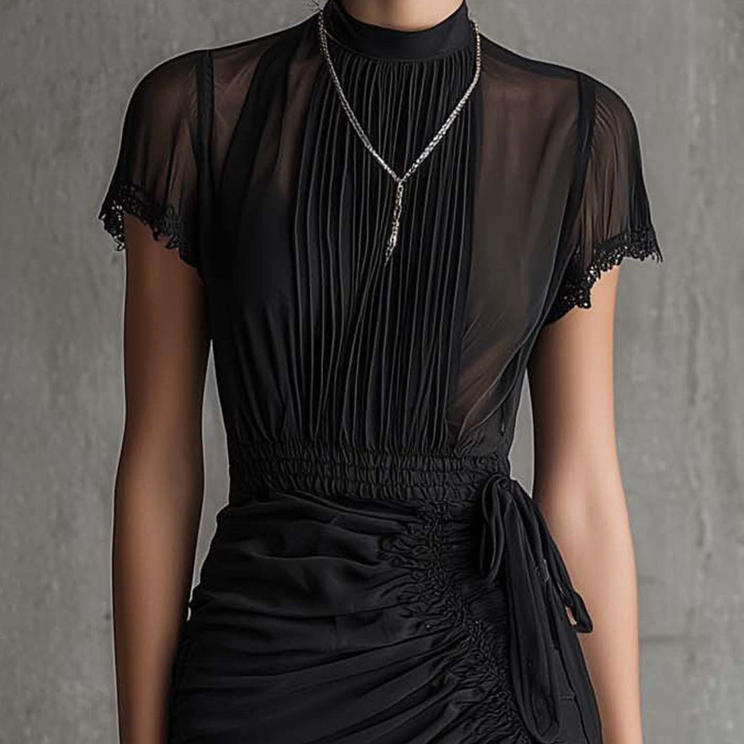 Black Chiffon Pleated Waist Lace-trimmed Mini Dress