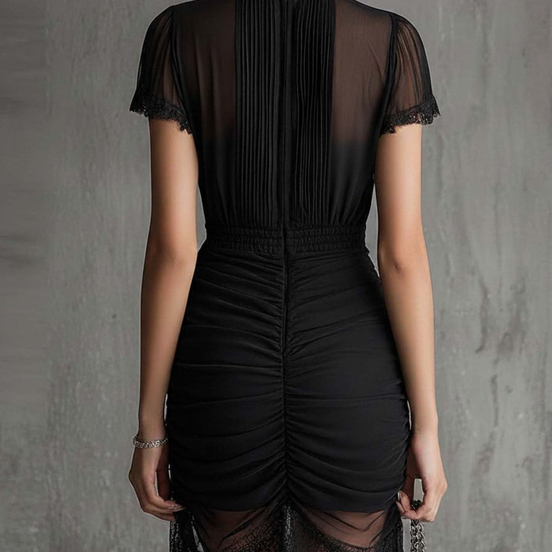 Black Chiffon Pleated Waist Lace-trimmed Mini Dress