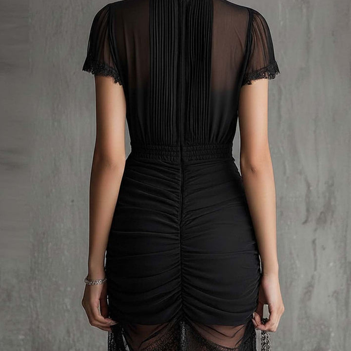 Black Chiffon Pleated Waist Lace-trimmed Mini Dress