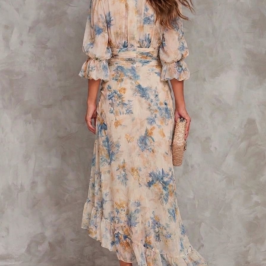 Beige Turtleneck Oil Painting Floral Print Irregular Chiffon Maxi Dress