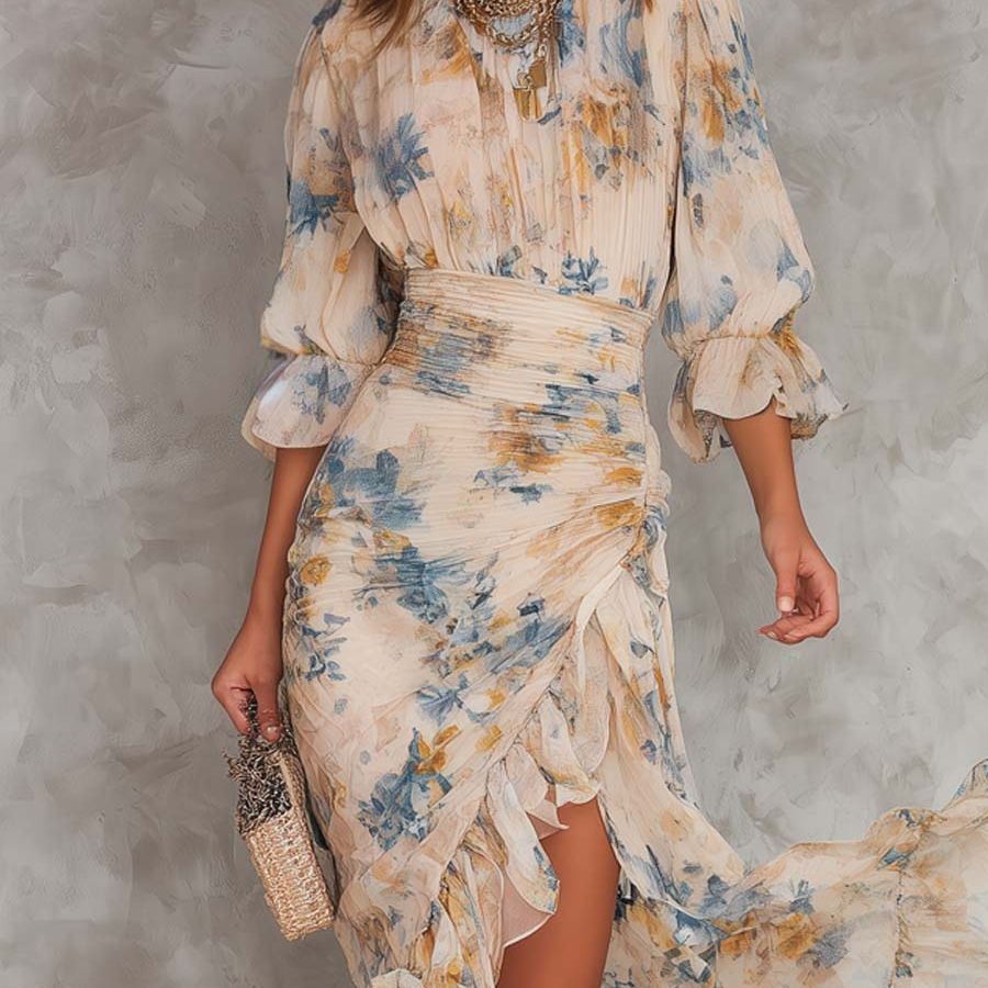 Beige Turtleneck Oil Painting Floral Print Irregular Chiffon Maxi Dress