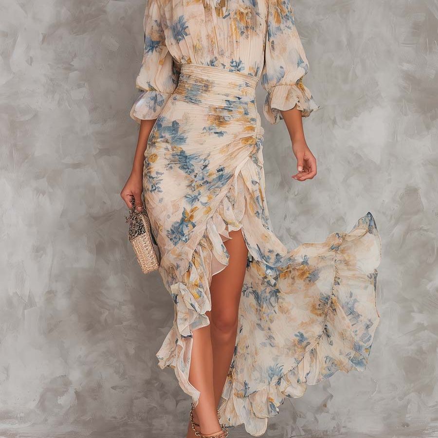 Beige Turtleneck Oil Painting Floral Print Irregular Chiffon Maxi Dress