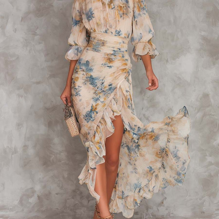Beige Turtleneck Oil Painting Floral Print Irregular Chiffon Maxi Dress