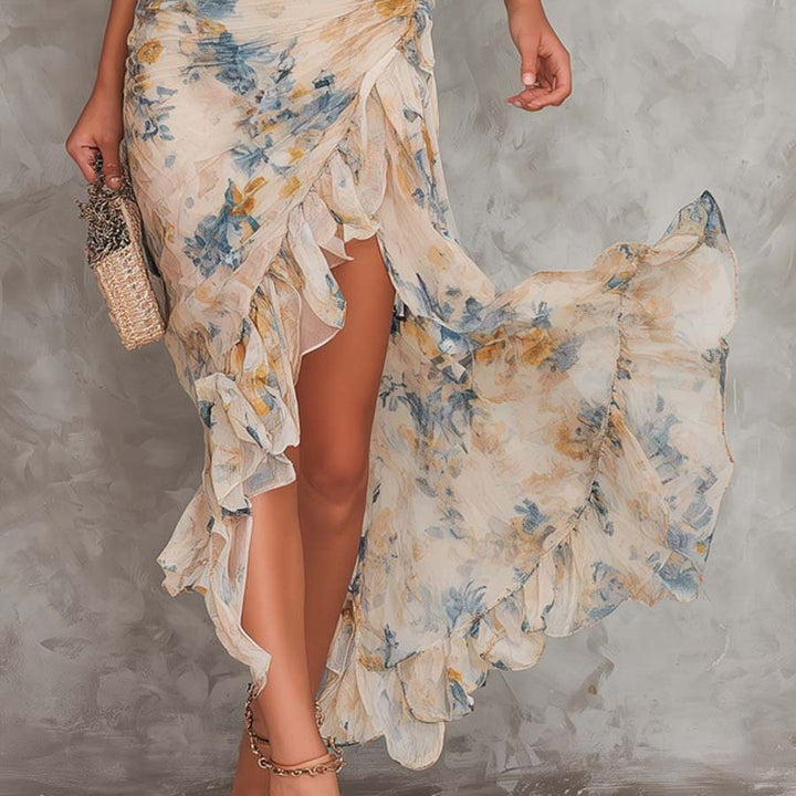 Beige Turtleneck Oil Painting Floral Print Irregular Chiffon Maxi Dress