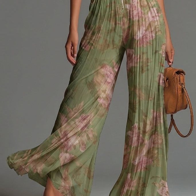 Green Floral V-neck Sleeveless Zip-up Pleated Wide-leg Chiffon Jumpsuit