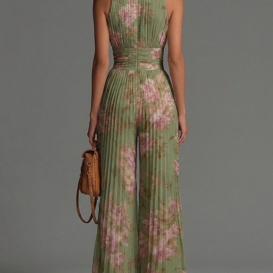 Green Floral V-neck Sleeveless Zip-up Pleated Wide-leg Chiffon Jumpsuit