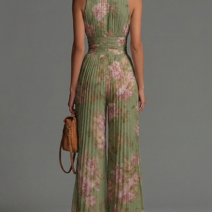 Green Floral V-neck Sleeveless Zip-up Pleated Wide-leg Chiffon Jumpsuit