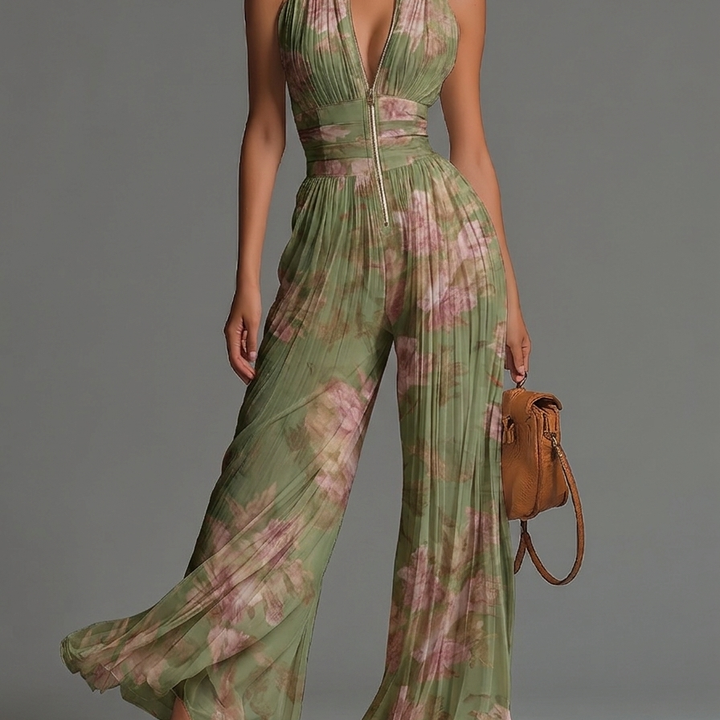 Green Floral V-neck Sleeveless Zip-up Pleated Wide-leg Chiffon Jumpsuit