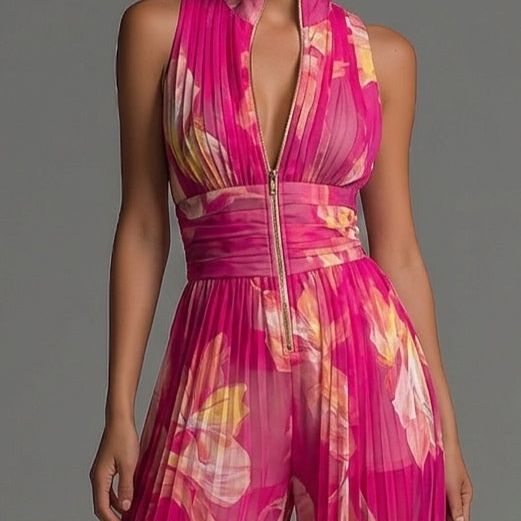 Fuchsia Floral Print Sleeveless Zippered Pleated Wide-leg Chiffon Jumpsuit