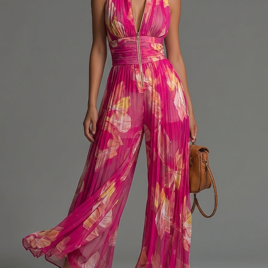 Fuchsia Floral Print Sleeveless Zippered Pleated Wide-leg Chiffon Jumpsuit