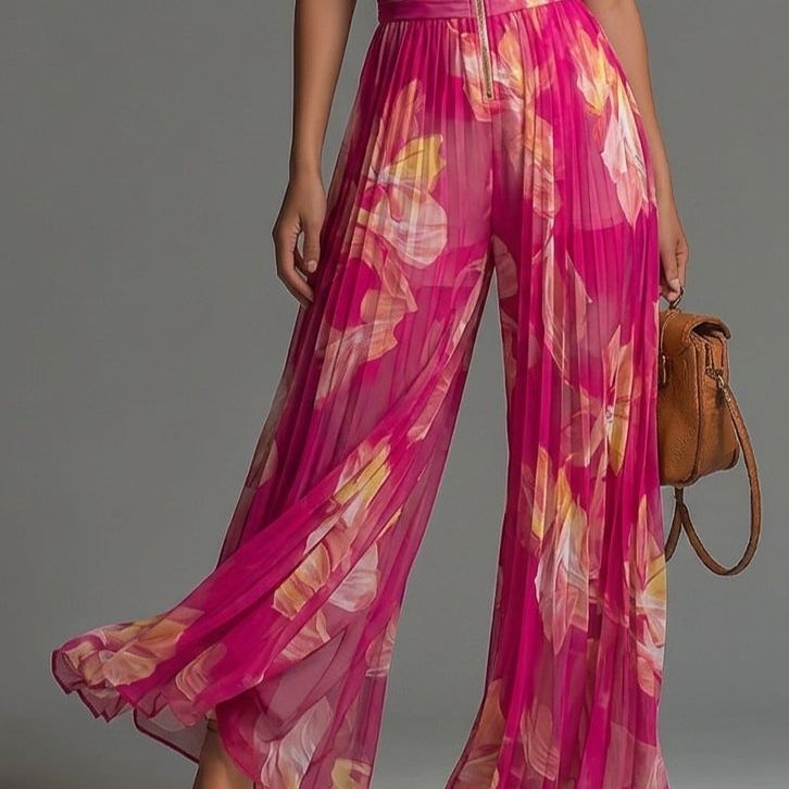 Fuchsia Floral Print Sleeveless Zippered Pleated Wide-leg Chiffon Jumpsuit