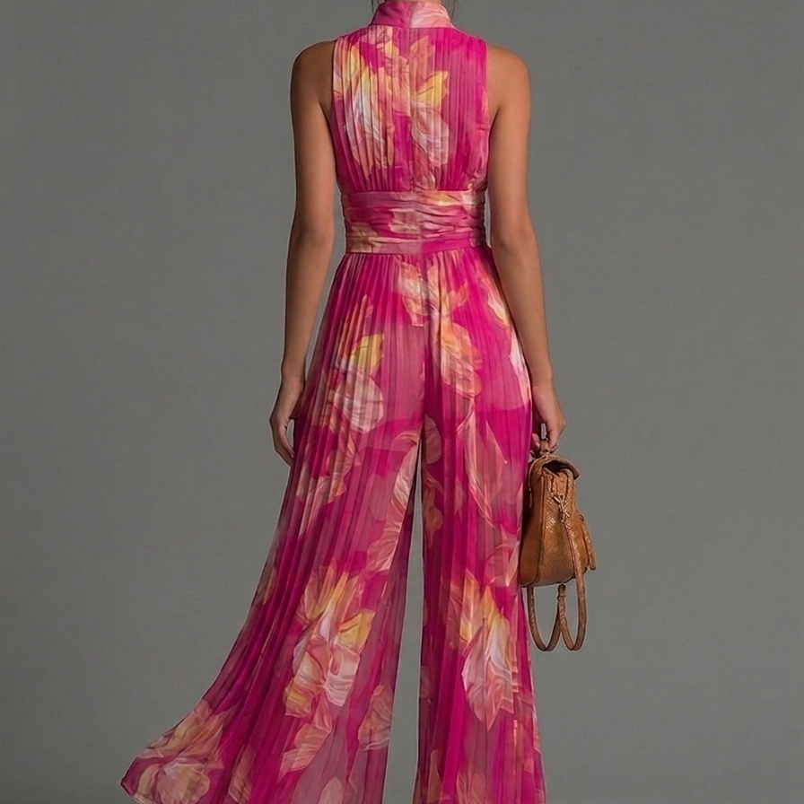 Fuchsia Floral Print Sleeveless Zippered Pleated Wide-leg Chiffon Jumpsuit