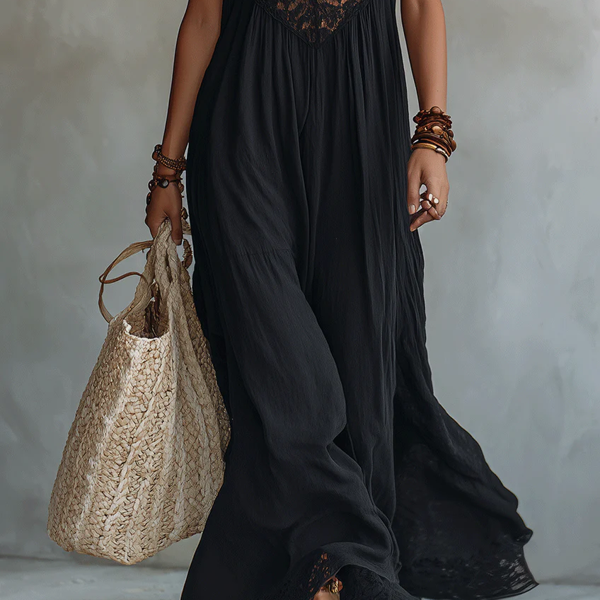 Bohemian Black Sleeveless Lace-Trimmed Maxi Dress