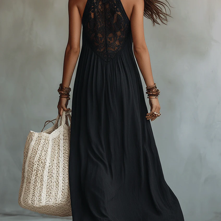Bohemian Black Sleeveless Lace-Trimmed Maxi Dress