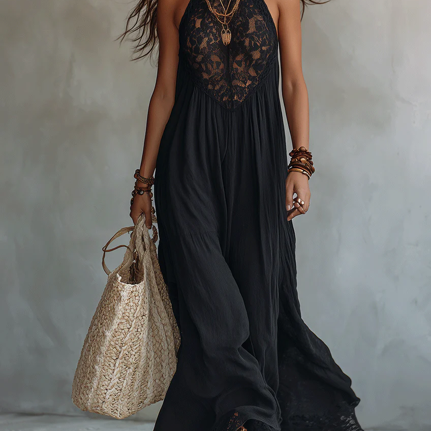 Bohemian Black Sleeveless Lace-Trimmed Maxi Dress