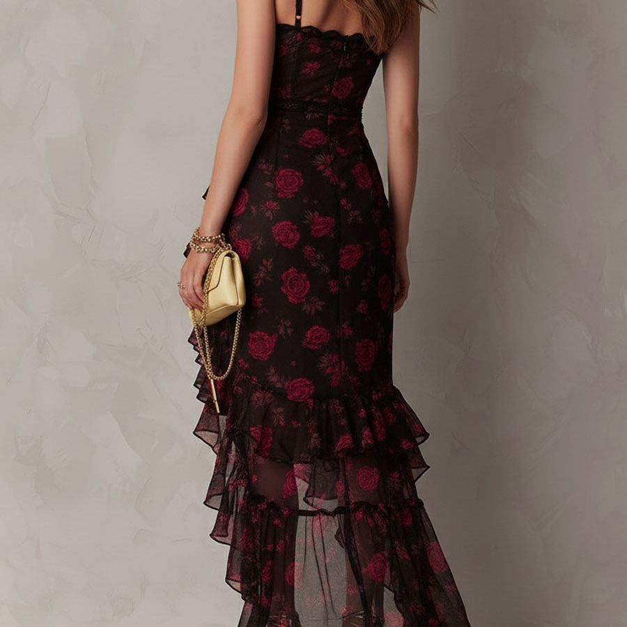 Chic Black And Red Floral Ruched Ruffle Hem Dress