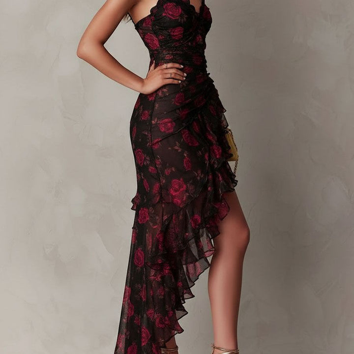 Chic Black And Red Floral Ruched Ruffle Hem Dress