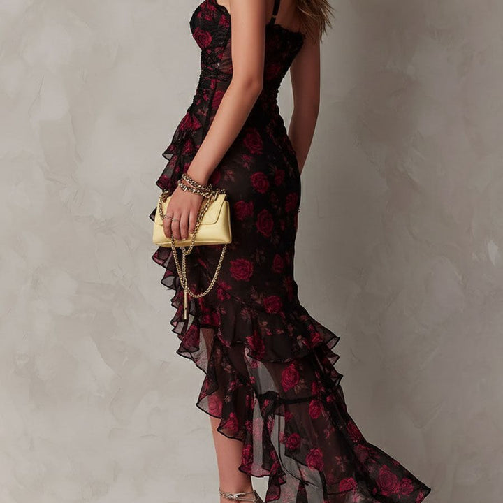 Chic Black And Red Floral Ruched Ruffle Hem Dress