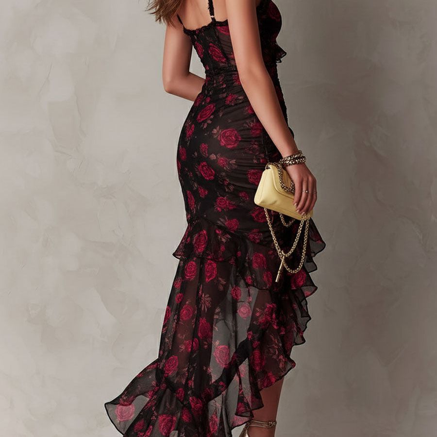 Chic Black And Red Floral Ruched Ruffle Hem Dress