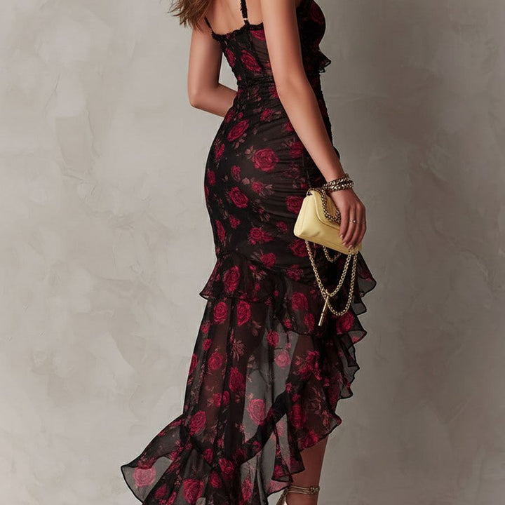 Chic Black And Red Floral Ruched Ruffle Hem Dress
