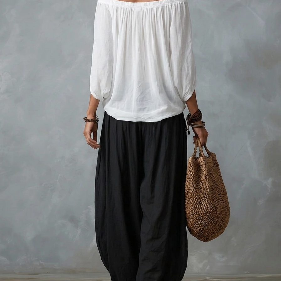 White Off-the-shoulder Top And Loose-fitting Lantern Pants Set