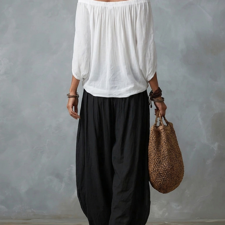 White Off-the-shoulder Top And Loose-fitting Lantern Pants Set