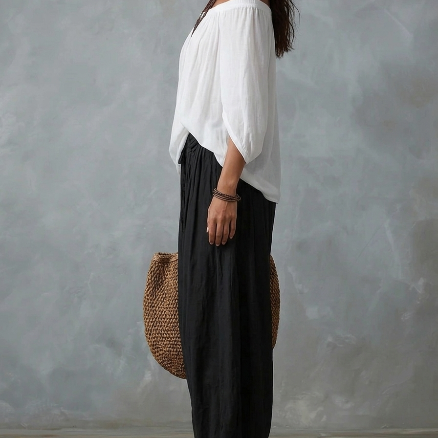 White Off-the-shoulder Top And Loose-fitting Lantern Pants Set