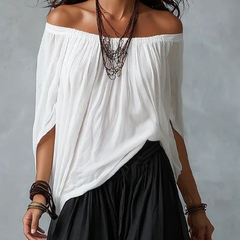 White Off-the-shoulder Top And Loose-fitting Lantern Pants Set